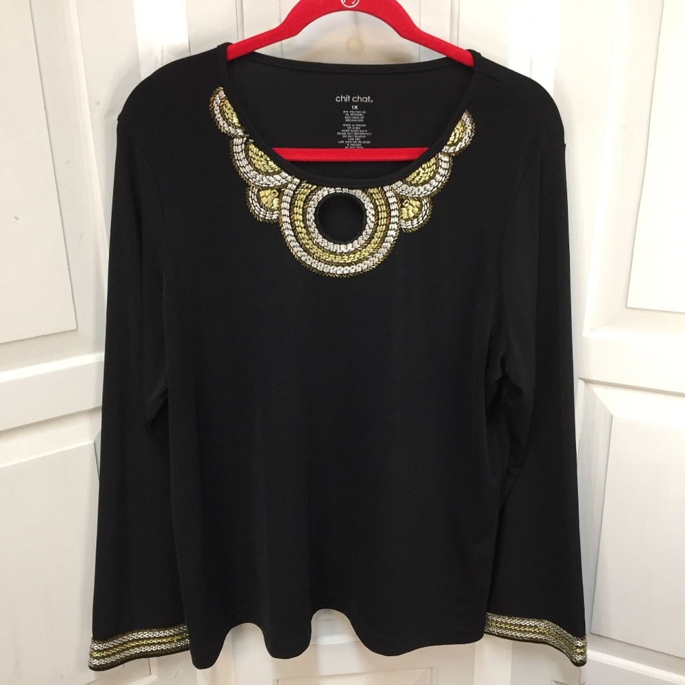 Chit Chat Embellished Black Long Sleeve Top